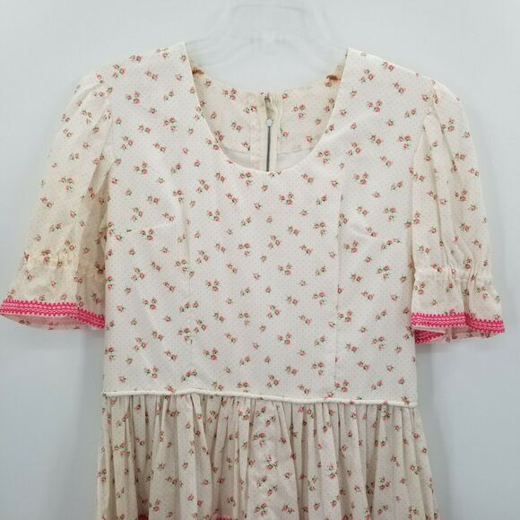 Vintage Floral Fit & Flare Mini Dress Short Puff Sleeves Scoop Neck Ivory - Picture 2 of 11